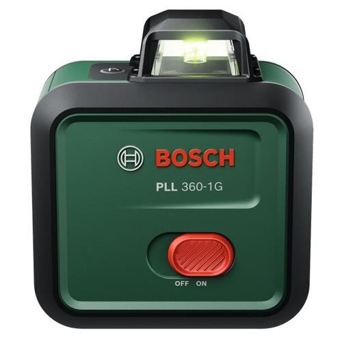 Nivela cu laser Bosch PLL 360-1G set, 0603663MZ1, proiecteaza o linie laser verde orizontala 360° pe 30m diametru, cu autonivelare, precizie de ± 0,4 mm/m, filet stativ 1/3, stativ TT 120, husa textila