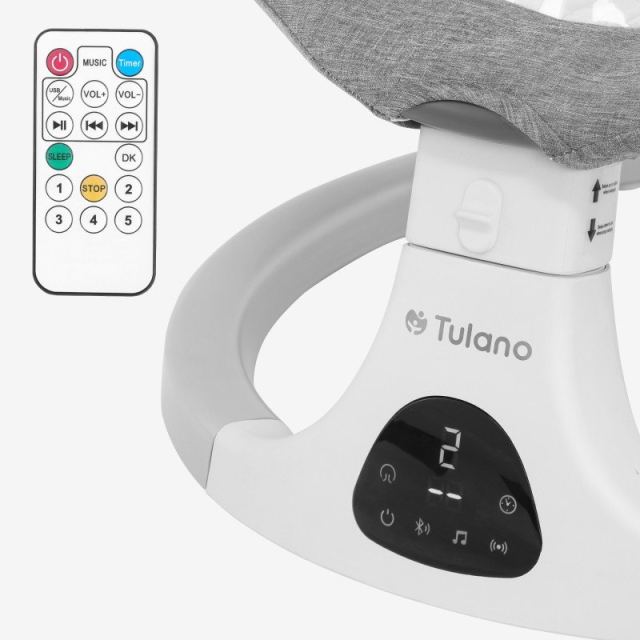 Leagan electric pentru copii Tulano Astrid Gri 35 cu Bluetooth, senzor de miscare si telecomanda, 5 viteze de leganare,pliabil compact, capotina reglabila cu plasa insecte