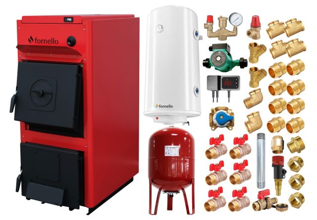Pachet centrala pe combustibil solid Fornello T-PRO 25 kW, boiler, vas expansiune, fitinguri si accesorii de baza