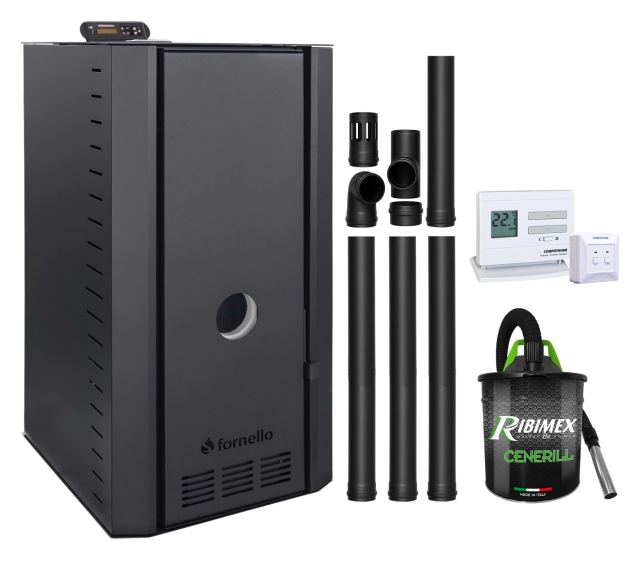Pachet cazan pe peleti Fornello SERENA B, 25 kw, complet echipat cu pompa, vas expansiune, supapa siguranta, telecomanda, culoare Black, arzator fonta, termostat, aspirator, kit evacuare 3.5 ml, pana la 150 mp