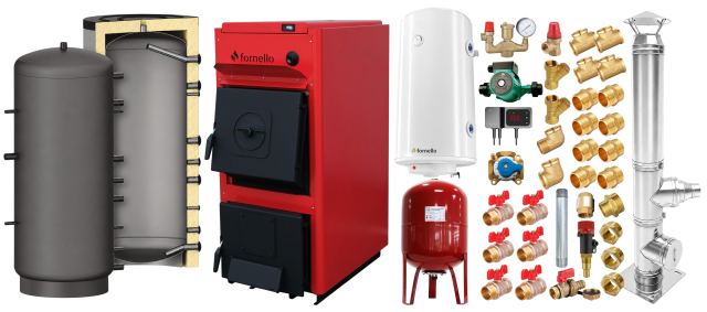 Pachet centrala pe combustibil solid Fornello T-PRO 25 kW, cos inox, puffer, boiler, vas expansiune, fitinguri si accesorii de baza