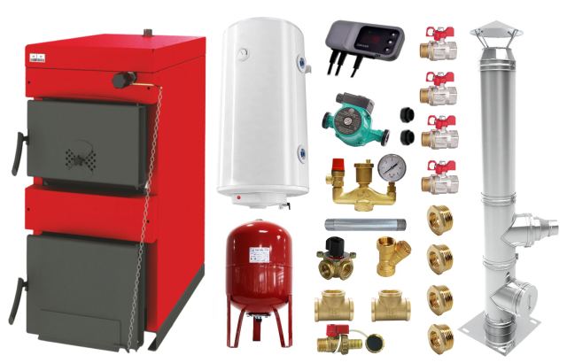 Pachet Centrala pe combustibil solid ​Sunsystem Burnit NWB 25 kW, cos inox, boiler termoelectric, vas expansiune, pompa circulare, controller pompa, fitinguri montaj