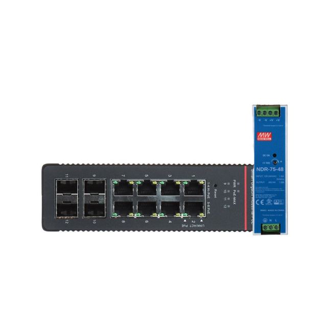 Switch industrial Hikvision DS-3T1512HP-SI-8P4F, 8 porturi PoE, 10/100/1000 Mbps, 4 SFP Gigabit, buget PoE 300W, sina DIN, cu management si sursa de alimentare 76.8 W