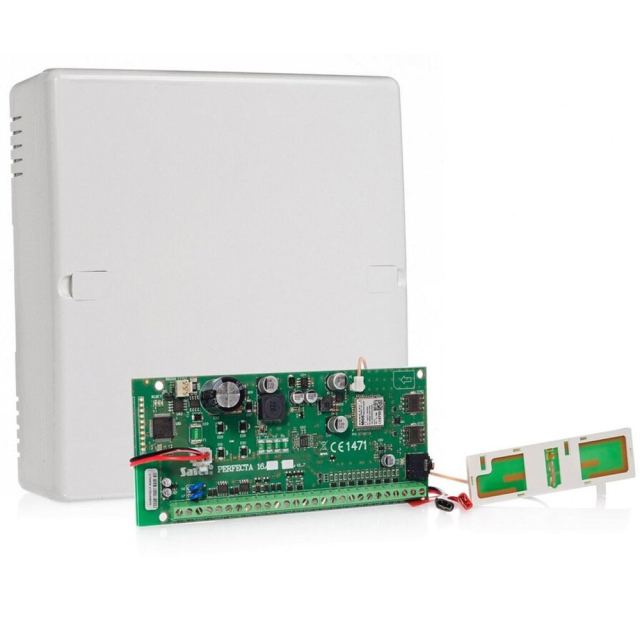 Centrala alarma antiefractie Satel PERFECTA 16 SET-A, 2 partitii, 8-16 zone, 4-12 iesiri, 15 utilizatori, antena