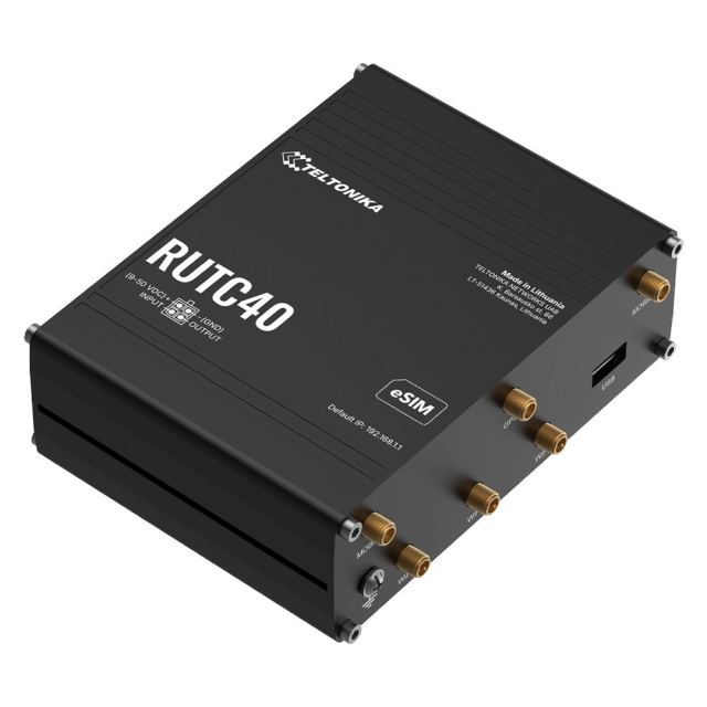 Router 4G LTE industrial Teltonika Edge RUTC40, WiFi 6 Dual Band, 2.4GHz / 5GHz, Cat 4, 2x SIM, 1x eSIM, 5x porturi Ethernet Gigabit 10/100/1000 Mbps, Docker, GNSS, I/O, PoE pasiv, management de la distanta