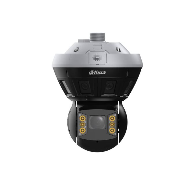 Camera supraveghere IP Speed Dome panoramica motorizata cu iluminare duala PTZ Dahua WizMind PSDW8852S-A180-D440-DC36V, 4x 2 MP, 2.8 mm, 5.2-210 mm, IR/lumina calda 100/150 m, microfon dual, difuzor, auto-tracking, slot card, PoE++