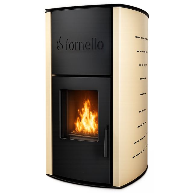 Termosemineu pe peleti Fornello Royal 18 kw complet echipat pentru incalzire, pompa, vas expansiune, aprindere automata, buncar peleti integrat, culoare ivory