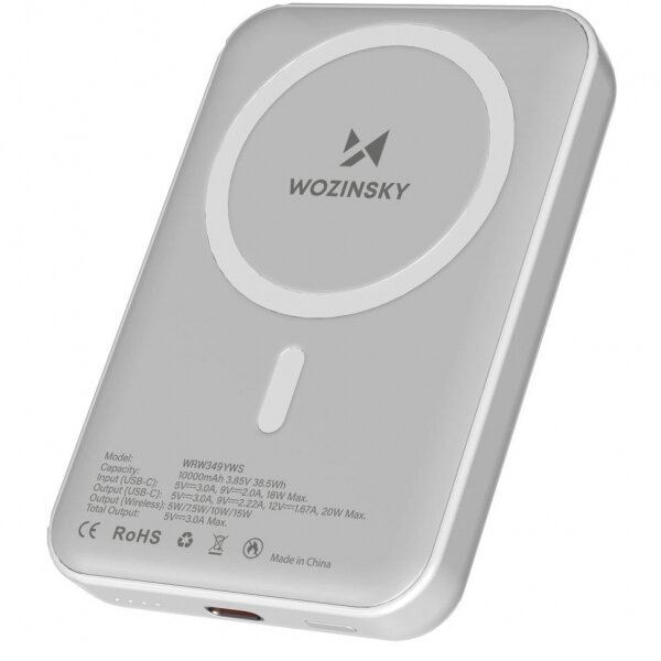 WZK Baterie Externa Wireless WZK WRW349YWS, 10000mAh, 20W, PD + FQI, 1 x QI - 1 x USB-C, Alba
