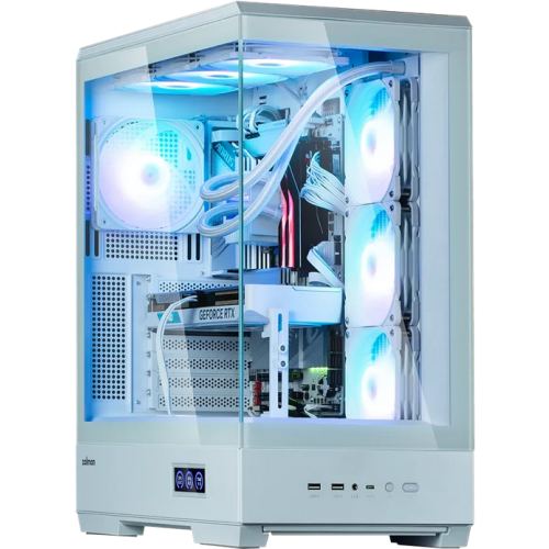 Zalman Carcasa PC Zalman P50 DS, Middle Tower, Sticla temperata, Fara sursa, ARGB, 10 ventilatoare compatibile, 4 incluse, Alb