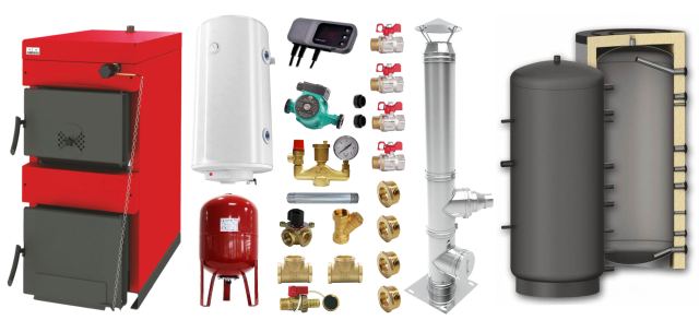 Pachet Centrala pe combustibil solid ​Sunsystem Burnit NWB 30 kW, cos inox, puffer, boiler termoelectric, vas expansiune, pompa circulare, controller pompa, fitinguri montaj