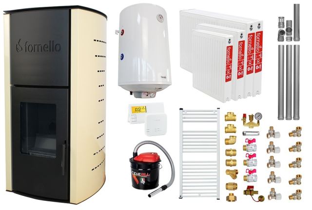 Pachet Termosemineu pe peleti Fornello Royal Ivory 18 kW, complet echipat cu pompa, vas expansiune, automatizare, culoare crem, Boiler, kit evacuare 3.5 ml, Termostat Salus 091FLRFV2 Aspirator Cenusa, Calorifere si Fitinguri