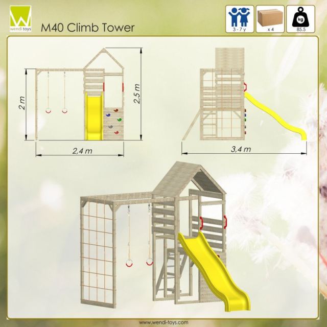 Turn de joaca cu 2 platforme, panou de catarare, tobogan si modul de gimnastica Wendi Toys