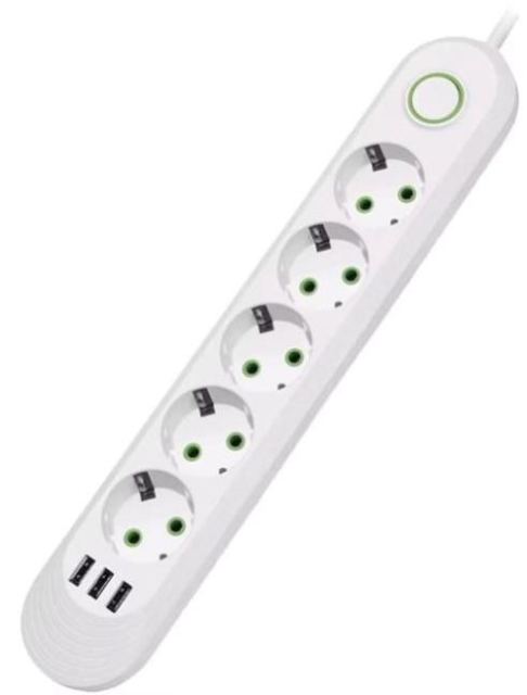 Prelungitor Universal OEM F05 Cu 5 Prize, 3 Porturi Usb, Rezistent La Caldură, 2m (Alb)
