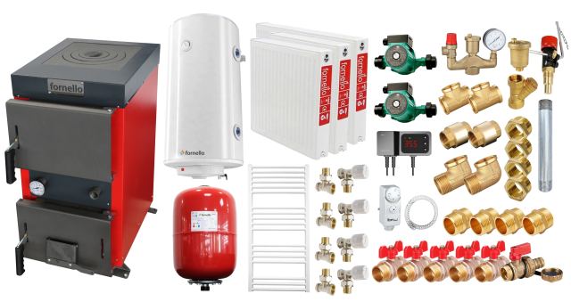 Pachet Cazan (centrala) cu plita pe combustibil solid (lemn, carbune, brichete), Fornello Rustic KP 12 kW, Calorifere otel, Pompe, Boiler, Vas expansiune, Fitinguri montaj