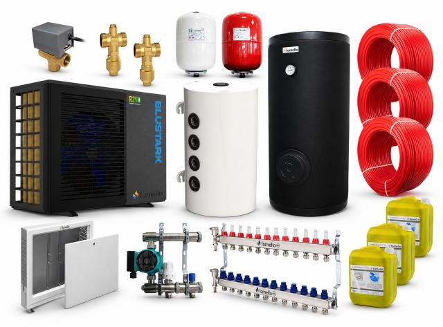 Pachet incalzire prin pardoseala 120 mp, cu pompa de caldura Fornello BLUSTARK R290, 8.3 kW, Teava, Distribuitor, Grup amestec, Boiler 200 litri 2S, Puffer 100 litri, Vana deviatoare 3 cai, Valve anti-inghet si Vase expansiune