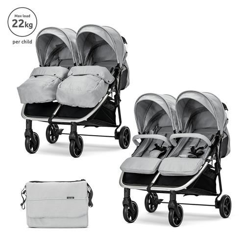 Carucior pentru gemeni Lorelli Duo, pana la 22 kg per copil, cadru din aluminiu, spatar reglabil pozitii multiple, geanta inclusa, Gri