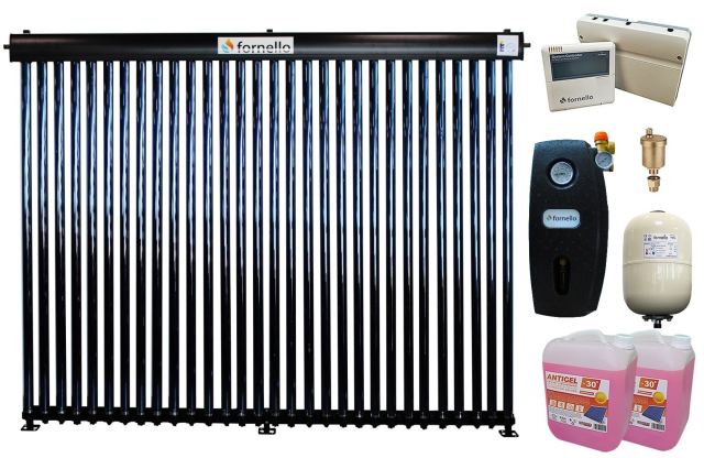 Pachet Panou solar presurizat cu tuburi vidate Heat Pipe Fornello 30 tuburi, destinat producerii de apa calda menajera, controller, vas expansiune, grup pompare, aerisitor 1/2, antigel