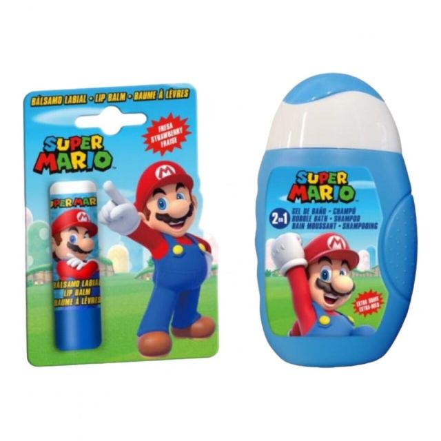 Set produse ingrijire copii gel de dus sampon balsam de buze si borseta depozitare Super Mario 110 ml
