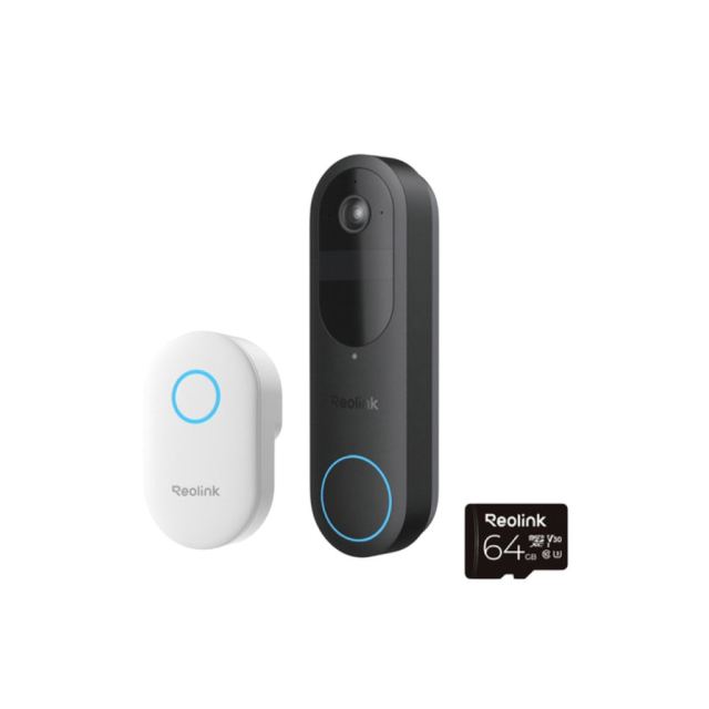 Kit sonerie wireless WiFi dual band Reolink D340B+CHIME+64GB, 4 MP, 1.2 mm, 2.4-5 GHz, 7000 mAh, PIR, microfon si difuzor, slot card