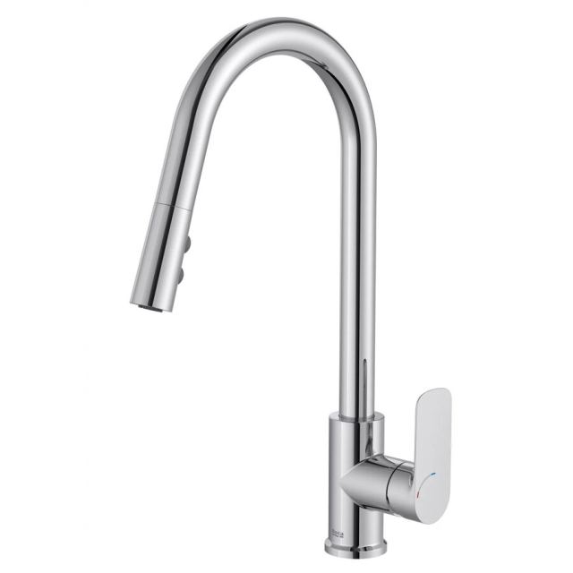 Roca Baterie sanitara bucatarie Roca, Gama Cala, pipa inalta, monocomanda, pivotanta, dus extractabil, 2 functii, crom