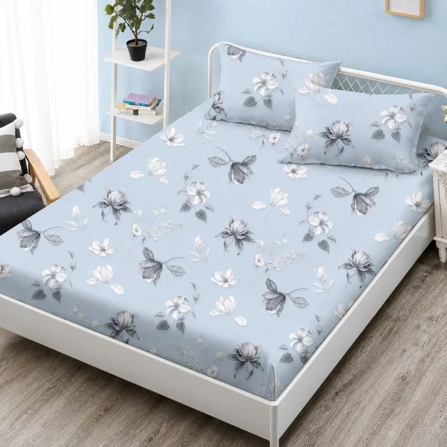 Cearceaf de pat din finet, cu 2 fete de perna Somnart pentru saltea de 160 x 200 cm Sky Blossom