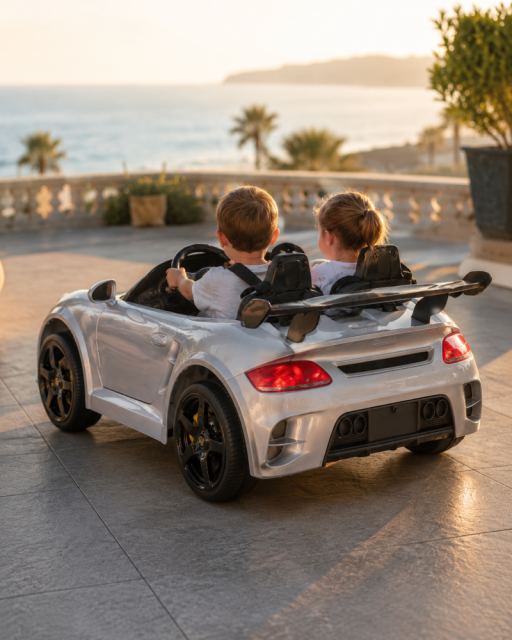 Masinuta electrica pentru copii Porsche RUF 24V Argintiu Metalic, 2 locuri, licenta oficiala, telecomanda 2.4G, scaun piele