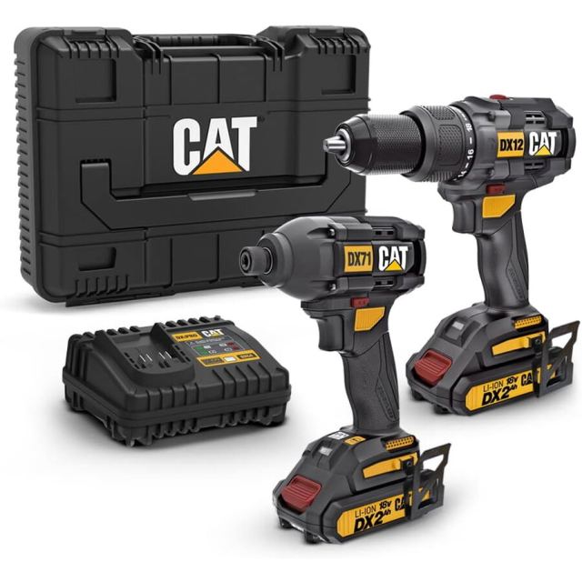CAT Set Masina de gaurit si insurubat CAT DX12K, bormasina cu percutie 18V, 65Nm, pana la 2000RPM + masina de insurubat cu impact 18V,  215Nm, pana la 3200RPM, motor fara perii, 2 acumulatori de 2Ah, incarcator rapid, cutie