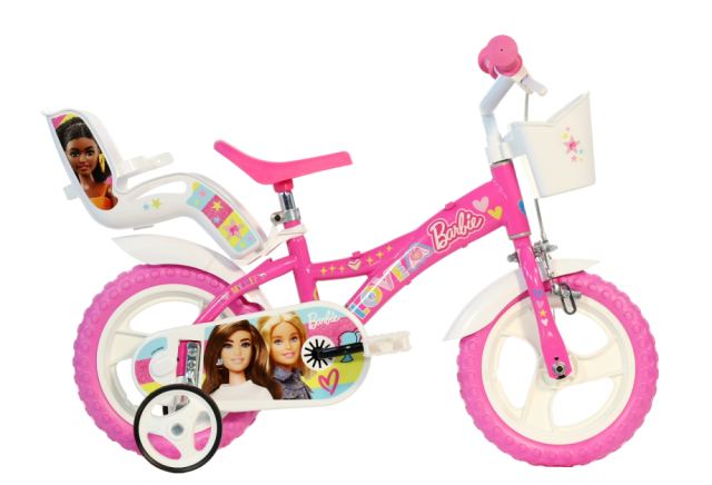 Bicicleta pentru copii Dino Bikes Barbie roz 12 inch, varsta 3-4 ani, cu o inaltime cuprinsa intre 87-110 cm, sistem cu 1 frana, pinion fix, roti spuma EVA, scaunel pentru papusa si cosulet fata