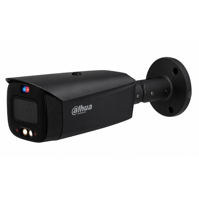 Camera supraveghere exterior IP cu iluminare duala Dahua WizSense Active Deterrence IPC-HFW3549T1-AS-PV-0280B-S5-BLACK, 5MP, lumina alba/IR 30m, 2.8mm, microfon si difuzor, AcuPick, detectie miscare, sirena, slot card, PoE, neagra