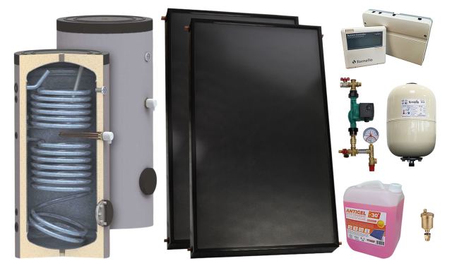 Pachet sistem solar presurizat, 2 x Panou solar plan Fornello 2.0 m² SPFP,  Boiler cu 2 serpentine SON 150 l, grup pompare, controller, vas expansiune, antigel, aerisitor 1/2, supapa 1/2