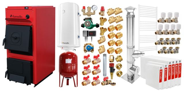 Pachet centrala pe combustibil solid Fornello T-PRO 50 kW, cos inox, radiatoare otel, boiler, vas expansiune, fitinguri si accesorii de baza