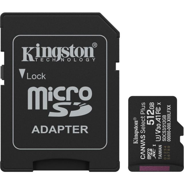 Kingston Card de memorie microSDXC Kingston Canvas Select Plus SDCS3 512 GB, Class 10, UHS-I U3, V30, A1 + Adaptor SD