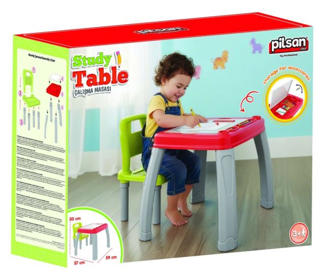 Set Masuta si scaunel de studiu pentru copii Pilsan Study Table Rosu,colturi rotunjite,spatar confortabil,masuta cu spatiu de depozitare si compartiment pentru pahar,culori si accesorii