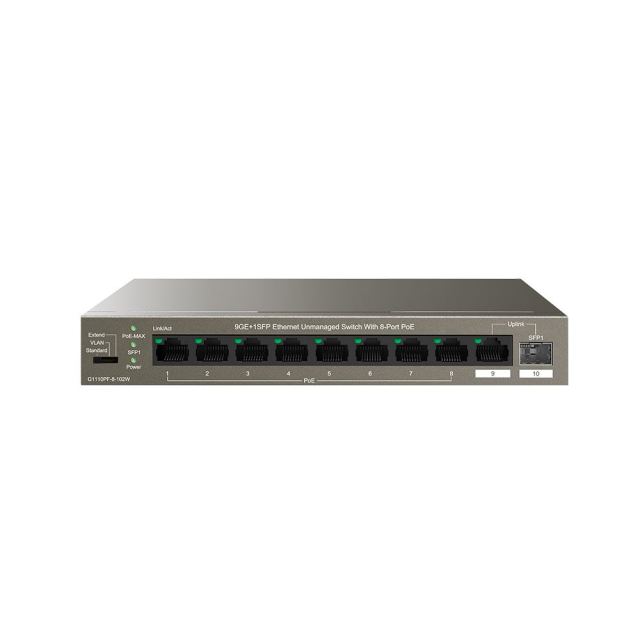 Switch Gigabit PoE cu 8 porturi IP-COM G1110PF-8-102W, 1 RJ45 + 1 SFP, buget 92 W, 20 Gbps, plug and play, fara management