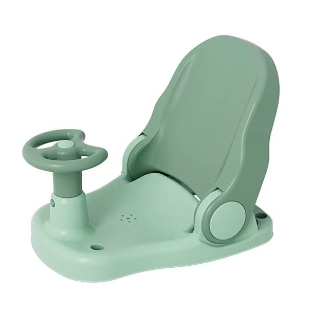 Scaunel de baie pentru copii Little Mom Car Green cu design pliabil, ergonomic, volan de sustinere, spatar ajustabil in 3 unghiuri diferite, fixare cu ventuze, dimensiune 38 x 28.5 x 30.8 cm