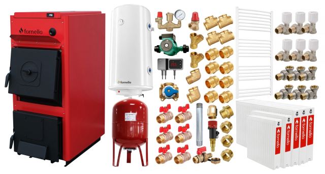 Pachet centrala pe combustibil solid Fornello T-PRO 35 kW, radiatoare otel, boiler, vas expansiune, fitinguri si accesorii de baza