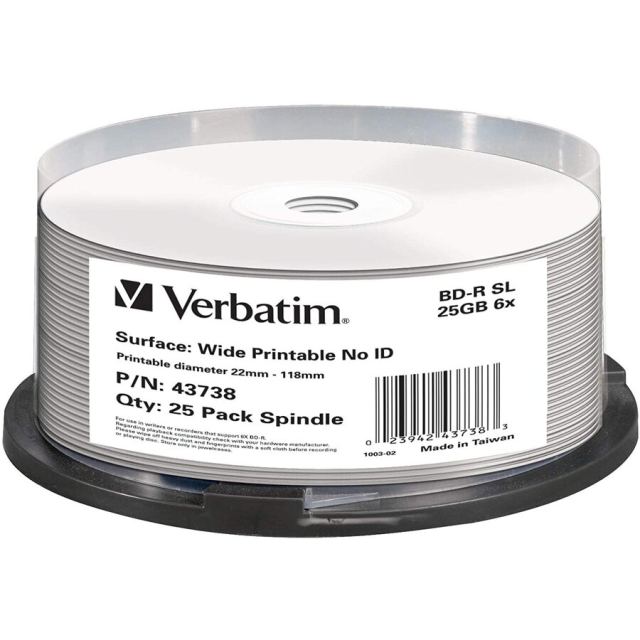 Verbatim Disc Blu-ray inscriptibil Verbatim BD-R SL, 25GB, 6x Print, NO ID, Spindle, 25 Bucati
