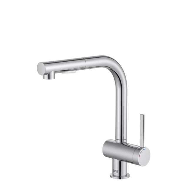 Roca Baterie sanitara bucatarie Roca, Gama Ona, pipa inalta, tip L, monocomanda, pivotanta, dus extractabil, 2 functii, crom