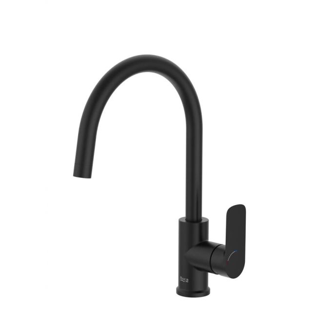 Roca Baterie sanitara bucatarie Roca, Gama Cala, pipa inalta, monocomanda, pivotanta, cartus ceramic, negru