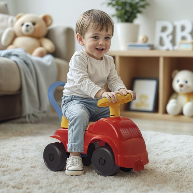Ride-On copii fara pedale Foot to Floor rosu, cu volan, spatar cu posibilitatea de impingere, spatiu de depozitare, claxon