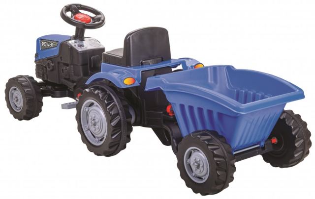 Tractor pentru copii Pilsan Power Blue cu remorca,actionat de pedale,transmisie pe lant, volan cu claxon, scaun reglabil cu spatar, de la 3 ani pana la 50 kg