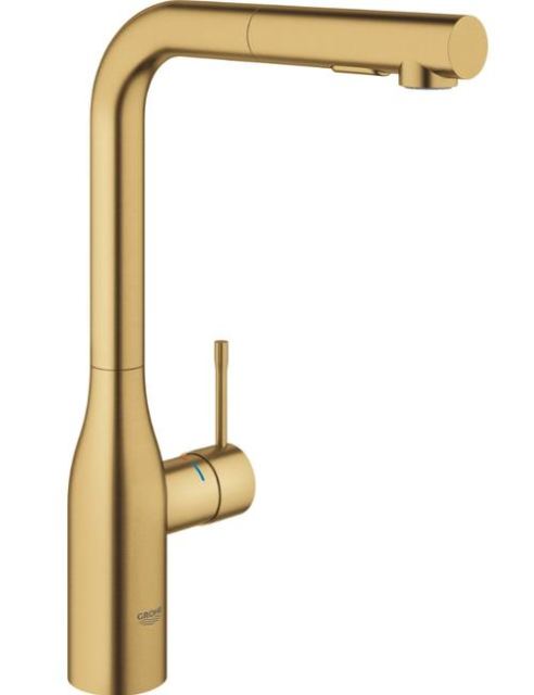 Baterie de bucatarie Grohe Essence 30270GN0, 3/8'', monocomanda, pipa inalta dus extractabil, pivotanta, mat, Auriu