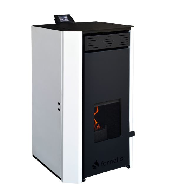 Termosemineu pe peleti Fornello EVA 18 KW, pompa circulatie, vas expansiune, WI-FI, buncar, tiraj fortat, recomandat pentru 120 mp, Alb