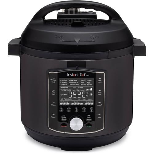 Multicooker Instant Pot Pro 8, V7.6L, 1200~1400W, 10 functii, Vas interior aplatizat din inox cu manere, 11 sisteme de siguranta, Gratar multifuncțional, Garnitura extra (Negru)