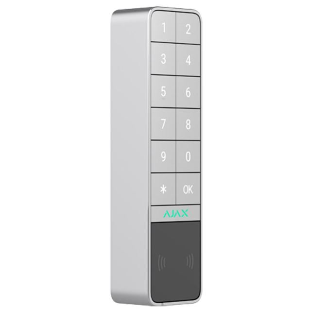 Tastatura exterior wireless Ajax Keypad Outdoor, 868 MHz, Mifare 13.56 MHz, RF 1700 m, compatibil Hub Jeweller, acces prin cod PIN/card/breloc DESFire/smartphone prin Bluetooth, Grad 2, alb