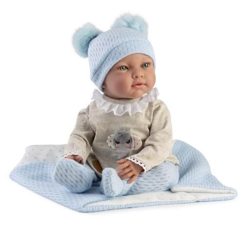 Papusa realista cu corp moale Guca Marc, 42 cm, corp textil si membre din vinil, cu paturica si accesorii incluse