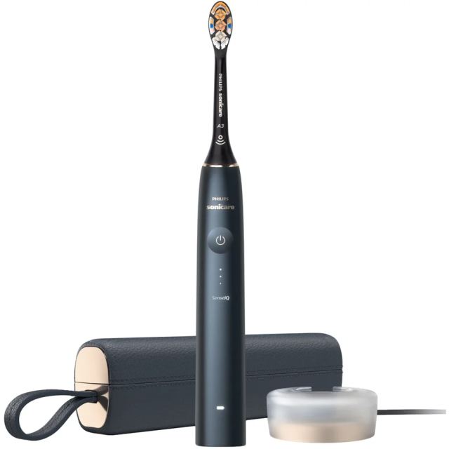 Philips Periuta electrica sonica Philips Prestige 9900 HX9992/12, 62000 miscari/minut, tehnologie SenseIQ, aplicatie Sonicare cu inteligenta artificiala, wireless Bluetooth, senzori integrati, 5 moduri personalizabile, 1 cap de periere, Albastru