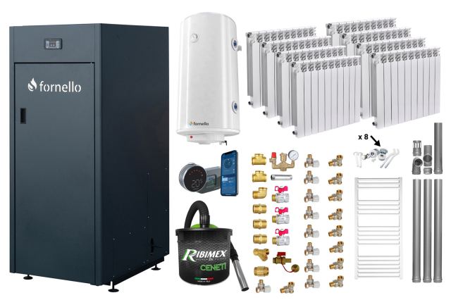 Pachet control de la distanta Centrala pe peleti Fornello King Plus 30 KW, calorifere aluminiu, boiler, termostat, aspirator, kit evacuare, fitinguri, pompa de circulatie, vas de expansiune, supapa de siguranta, automatizare, rezervor pentru peleti 1