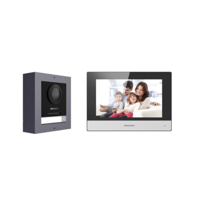 Kit videointerfon IP WiFi Hikvision DS-KIS602(B), 7 inch, 2 MP, PoE, IR 3 m,  switch 4 porturi, 5 TAG proximitate, slot card, 1 familie
