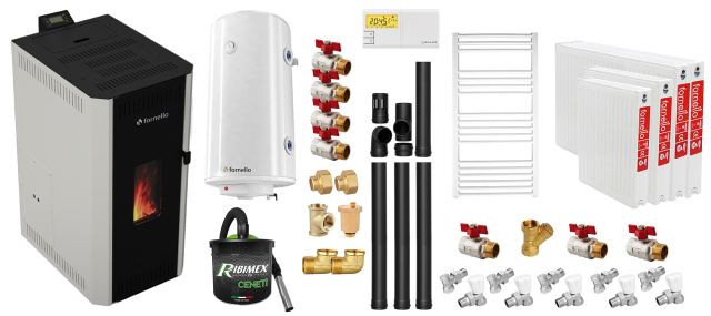 Pachet termosemineu pe peleti Fornello CALORE COMPACT 35 kW, pompa electronica, vas expansiune, arzator inox, grup de siguranta, kit evacuare 3.5 ml, termostat, aspiratior, boiler 100L, Radiatoare otel si Fitinguri montaj